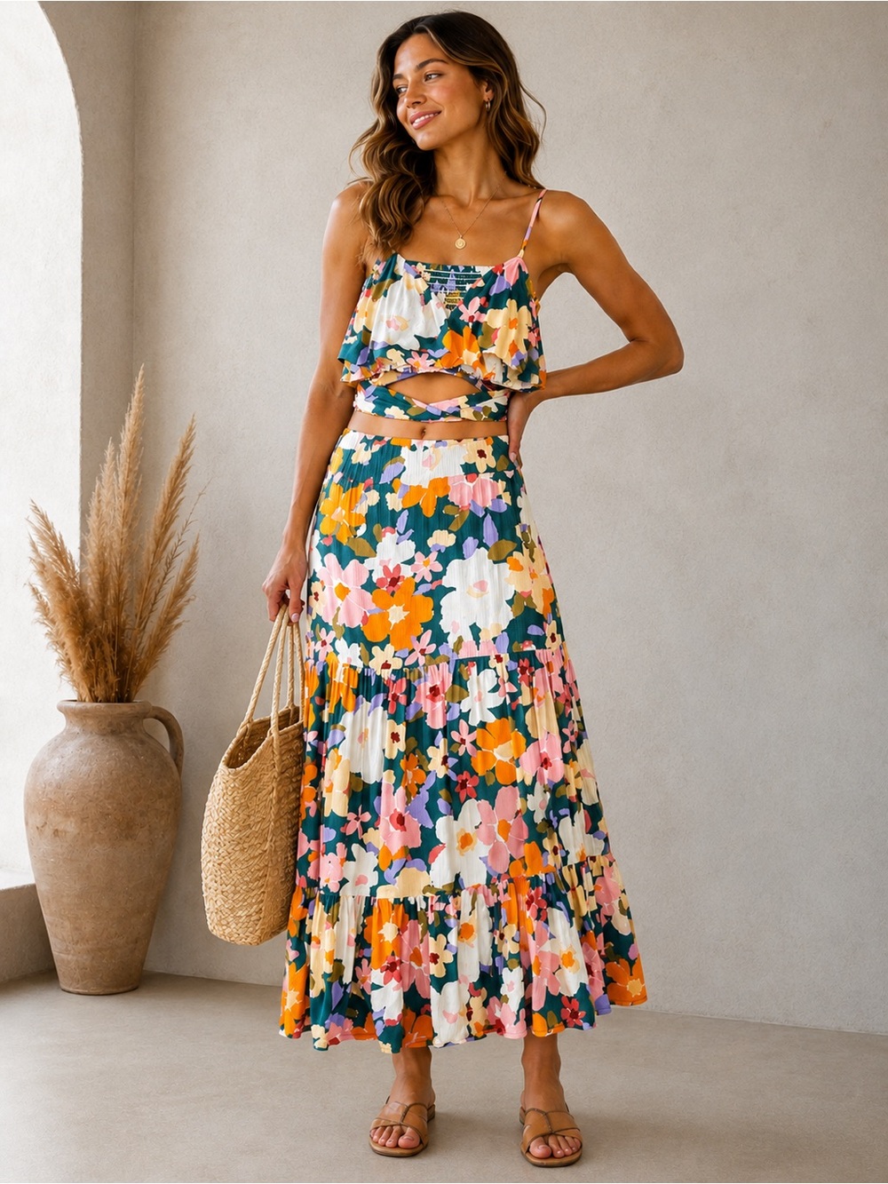 Rolla Coster Floral Maxi Skirt Top Set in Green, Orange, Pink, White